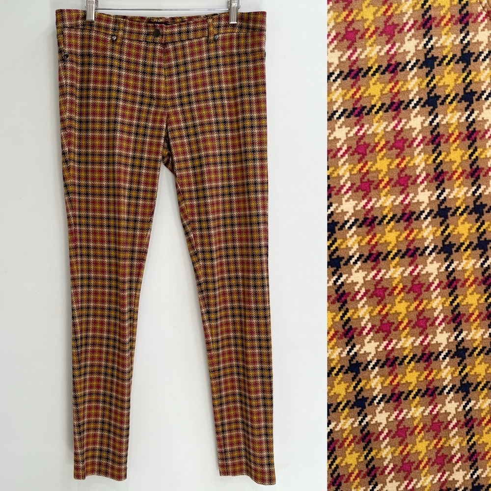 J. McLaughlin Becca Stretch Knit Plaid Pants Leggings Mustard Yellow Pink Size 8